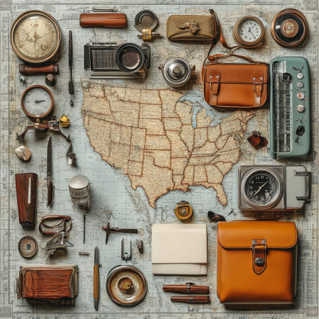 Vintage travel equipment on old map background, top view. Travel conceptの素材