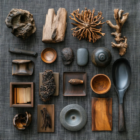 Wooden kitchen utensils on grey background. Top view.の素材