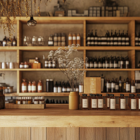 Interior of a luxury wine store with bottles of wine and dried flowersの素材