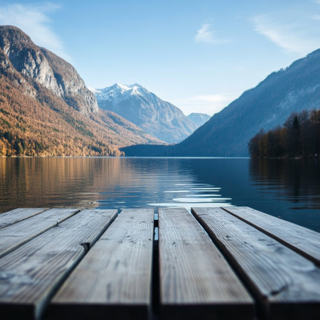 Wooden pier on Hallstatt lake in autumn, Salzkammergut, Austriaの素材