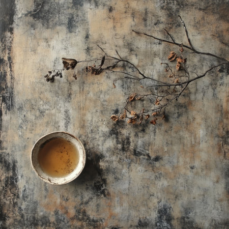 Still life with cup of tea and dry branch on grunge backgroundの素材