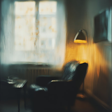 Interior of a cafe with black armchair and blurred background.の素材
