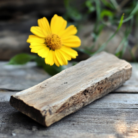 Wooden board and yellow flower on old wooden table. Selective focus.の素材
