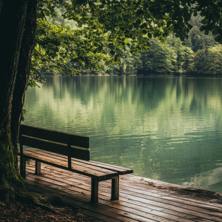Wooden bench on a lake in the forest. Toned.の素材