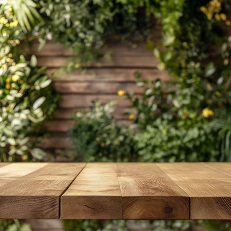 Empty wooden table and blurred background of garden. Ready for product display montageの素材