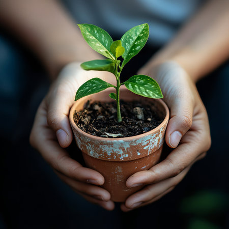 Close up of hands holding a small plant in a pot with soilの素材