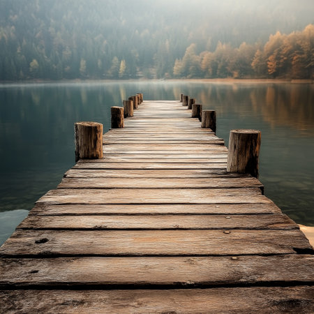 Wooden jetty on a lake in Bavaria, Germany.の素材