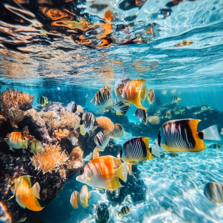 Underwater view of tropical coral reef with fishes and corals.の素材