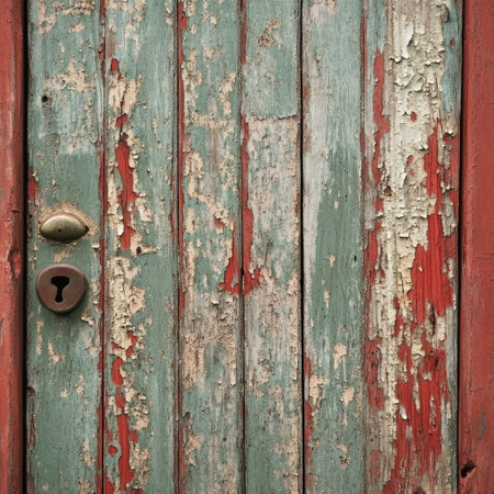 Old wooden door with peeling paint and lock. Background texture.の素材