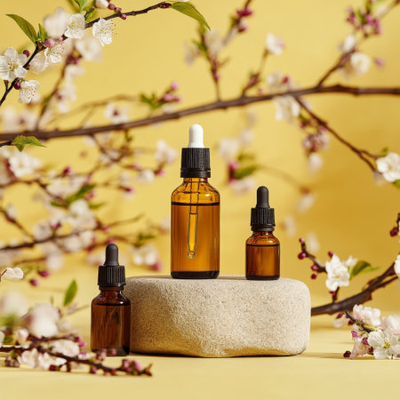 Bottles of natural essential oil and blooming branch on yellow backgroundの素材