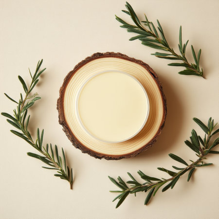 Cream with rosemary on a beige background, top viewの素材