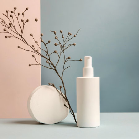 Cosmetic bottle with blank label for branding mock-up, natural organic skincare product with dry twigs on pastel backgroundの素材