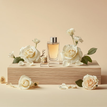 Bottle of perfume with white roses on beige background. 3d renderの素材
