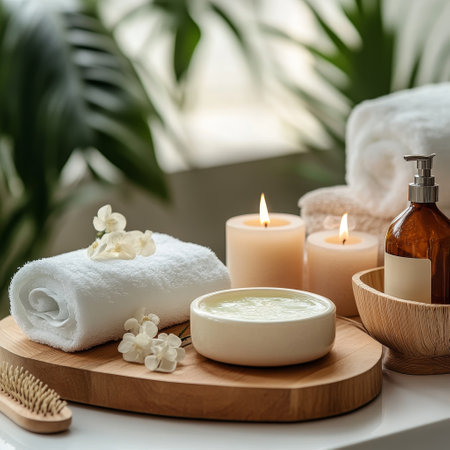 Spa and wellness setting with candles, soap, towel, massage brush and essential oil.の素材