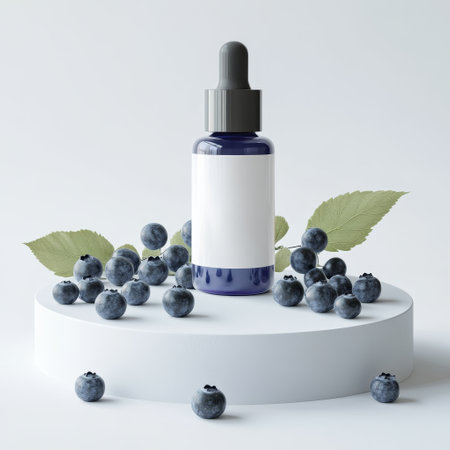 Blueberry cosmetic bottle on white podium with blueberries. 3d renderの素材