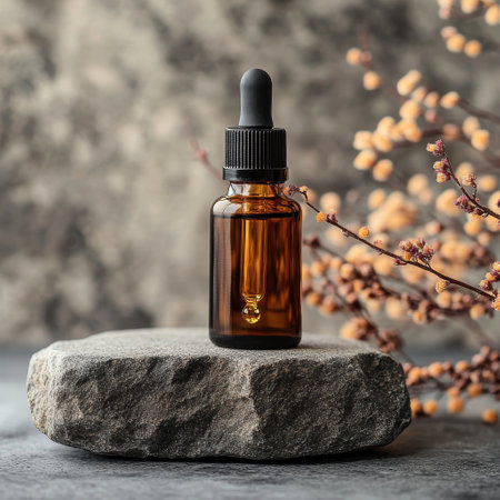 Glass dropper bottle with cosmetic oil or serum on stone background.の素材