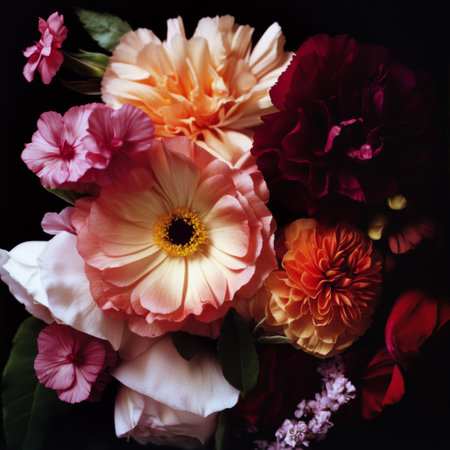beautiful bouquet of different flowers on black background, close upの素材