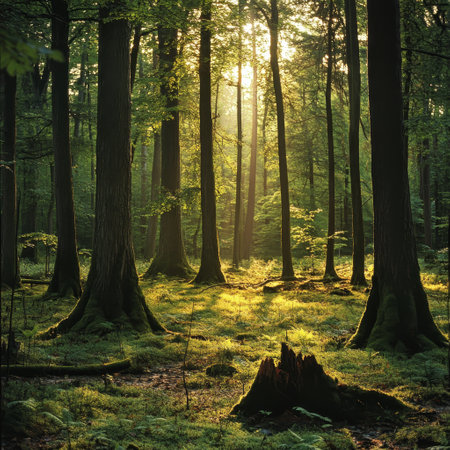 Morning in the forest. Beautiful summer landscape with sunbeams.の素材