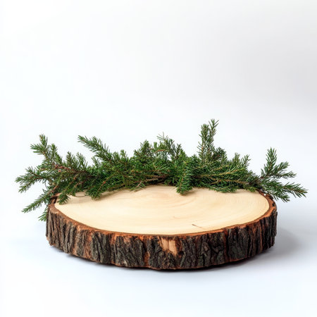 Christmas tree branch on a wooden stump isolated on a white background.の素材
