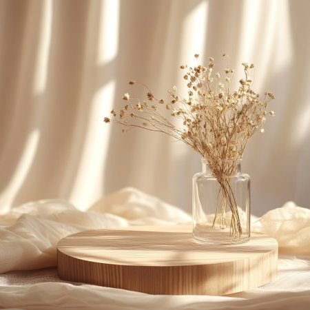 Wooden podium with dried flowers in vase on light fabric backgroundの素材