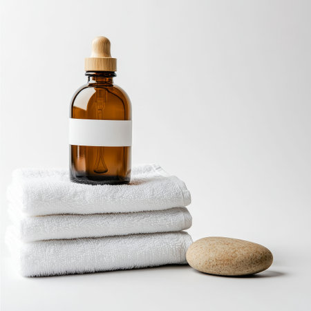 Spa still life with essential oil bottle, towel and stone on white backgroundの素材