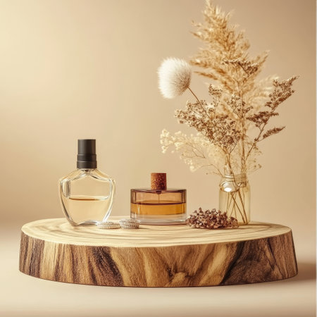 Bottles of perfume on a wooden stand with dried flowers. 3d renderingの素材