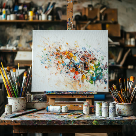 Paint brushes and palette on a table in an artist's studioの素材