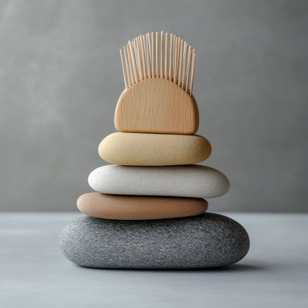Wooden hairbrush on stack of pebble stones on grey backgroundの素材