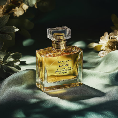 Perfume bottle on green satin with flowers in the backgroundの素材