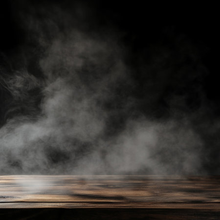 Wooden table with smoke on black background. Mock up for designの素材