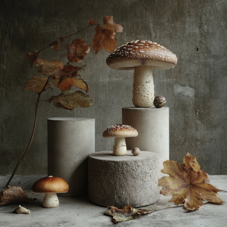 Autumn still life with mushrooms, leaves and concrete podiums on grey backgroundの素材