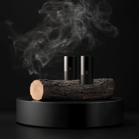 3d render of black cosmetic bottle with smoke on black background.の素材