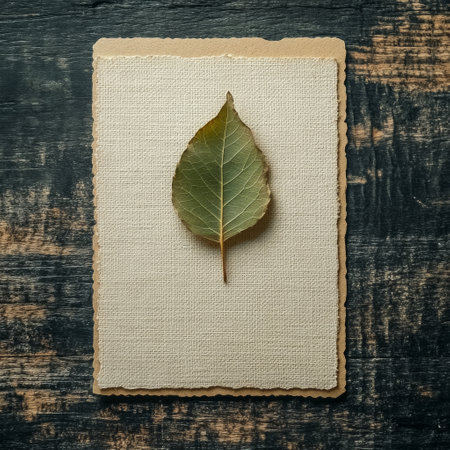 Autumn leaf on a linen napkin on a dark wooden backgroundの素材