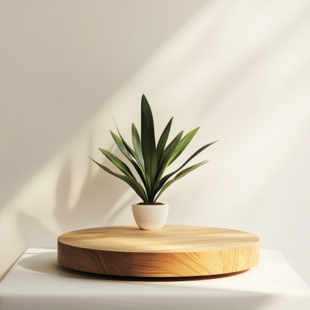 Wooden round podium with plant in pot on white background. 3d renderの素材