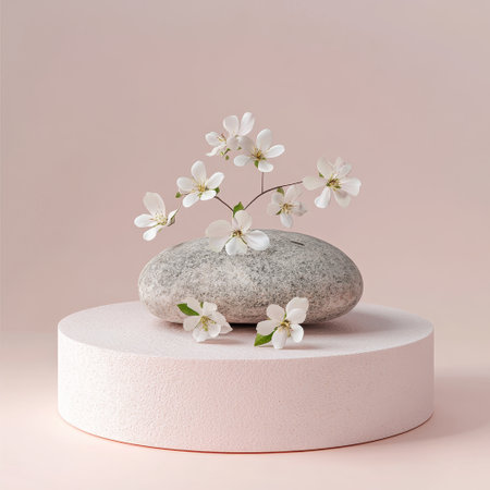 Cherry blossom on a stone on a pink background. 3d renderingの素材