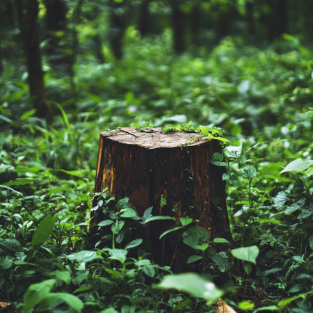 Stump in the green forest. Shallow depth of field.の素材