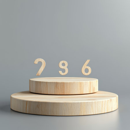 Wooden podium with number 2 on grey background. 3d renderの素材