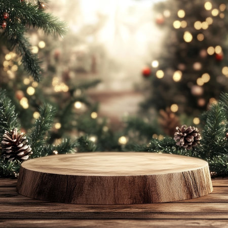Wooden product stand with Christmas tree and bokeh background.の素材