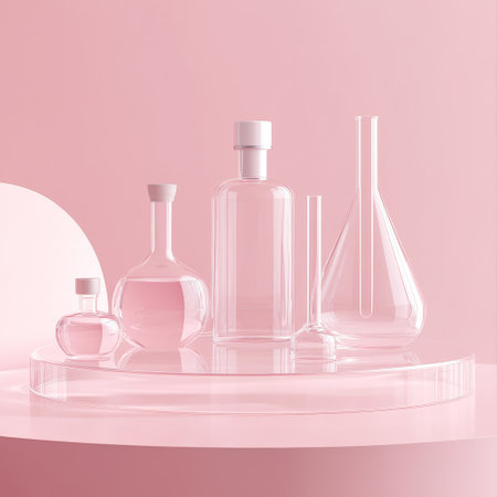 Laboratory glassware on pink background. 3d render illustration.の素材