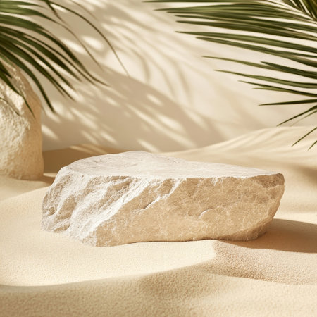 White marble podium on sand background with palm leaves and shadows. 3d renderの素材