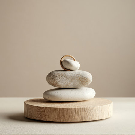 Stack of zen stones on beige background. Minimalistic style.の素材