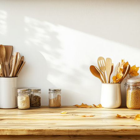 Kitchen utensils on wooden table in front of white wall.の素材