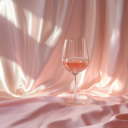 Wine glass on pink silk background with shadows. 3d renderの素材