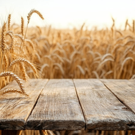 Empty wooden table for product display montages. Wheat field in backgroundの素材