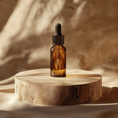 Cosmetic oil in a glass bottle on a wooden stand on a beige backgroundの素材