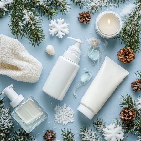 cosmetic bottle with cream, lotion, cream, gel, lotion, cream on blue background with fir branches, snowflakesの素材