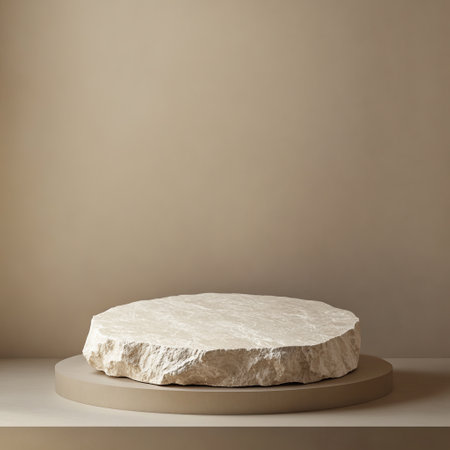 3d rendering of white marble podium on beige background. Minimal design.の素材