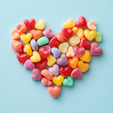Colorful heart shaped candies on blue background. Top view.の素材