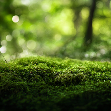Green moss in the forest. Nature background with bokeh effectの素材