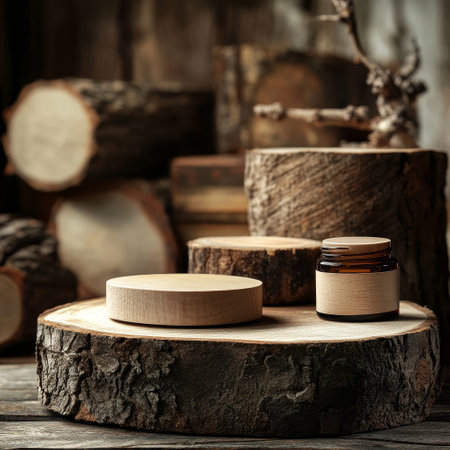 Wooden round podium for product presentation with natural materials. Wooden background.の素材